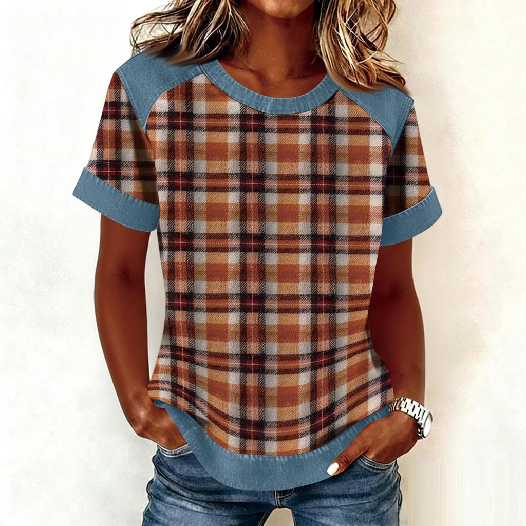 Women Denim Collar Patchwork Stitching Sweatshirt Casual  Printed Pullover Short Sleeve Shirts
