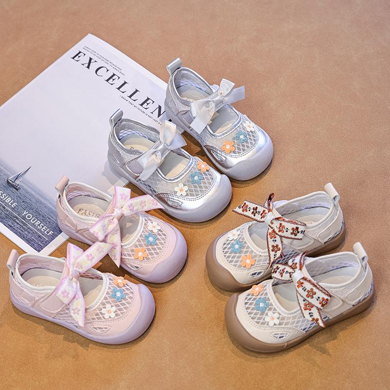 Summer Lolita Girls Sports Sandals Sweet Bow Children Embroidered Shoes School Mesh Breathable Kids Running Sneakers