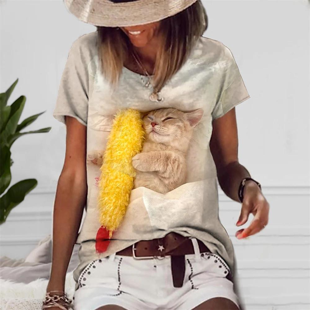 Женская футболка с 3D принтом кота и летним элементом — фото 5