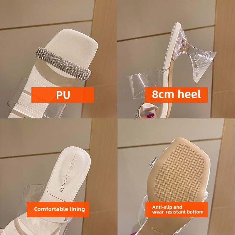 Ladies' Straight Ribbon Transparent Thick Heel High-heeled Shoes Slippers