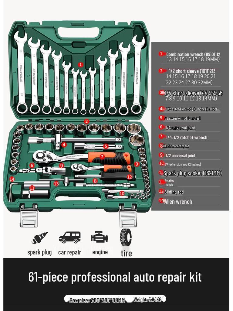 Green Forest Auto Repair Tool Set: Socket Wrench, Ratchet, Combination Tool Box.