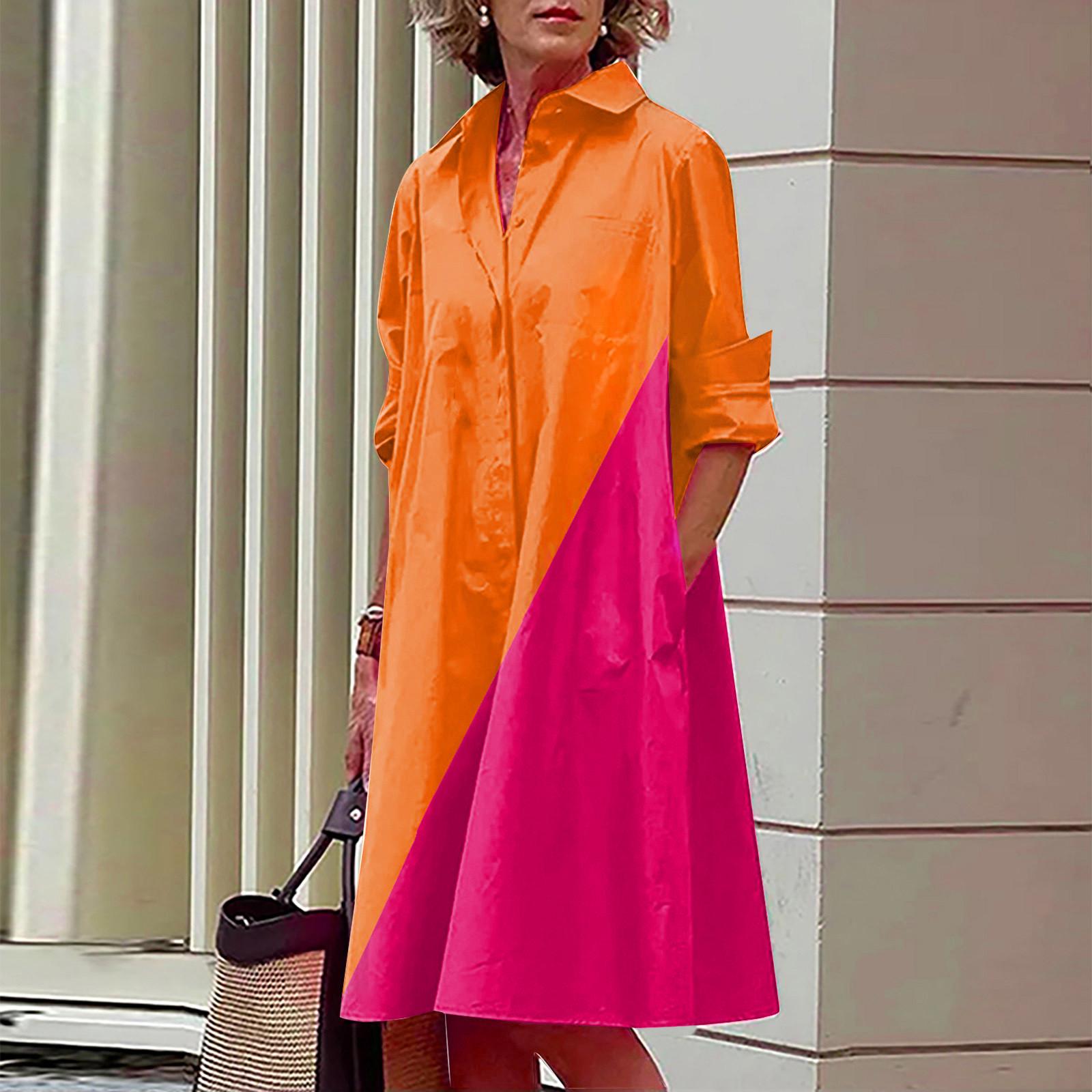 

Fashion Women s Loose Casual Printed Turn Down Collar Long Sleeve With Pockets Knee Length Dress XL помаранчевий