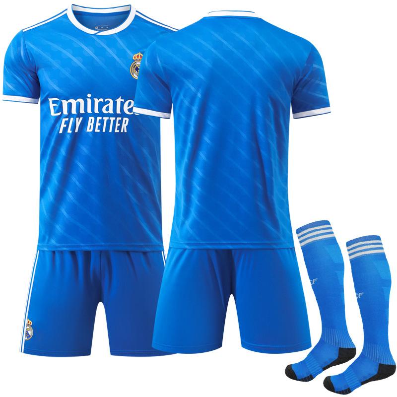 Kit Calcio Giovanile Bambini Adulti 2025-26 Real Madrid Seconda Maglia da Trasferta Sportiva Allenamento Set con Calzini