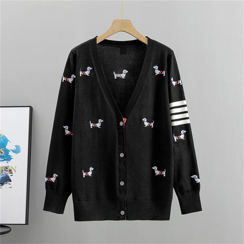 

Autumn And Winter Striped Slim Fit Knitted Sweater Cardigan Women s Top Dog Jacquard Sweater S чорний
