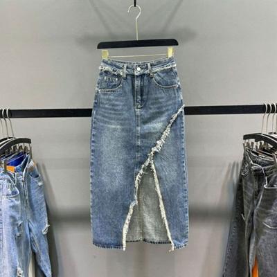 Eleganter, geteilter Damen-Sackleinen mit hoher Taille, unregelmäßiges Design, mittellanger A-Linien-Paket-Hüftrock, vielseitiger, bequemer, modischer Denim-Bustierrock