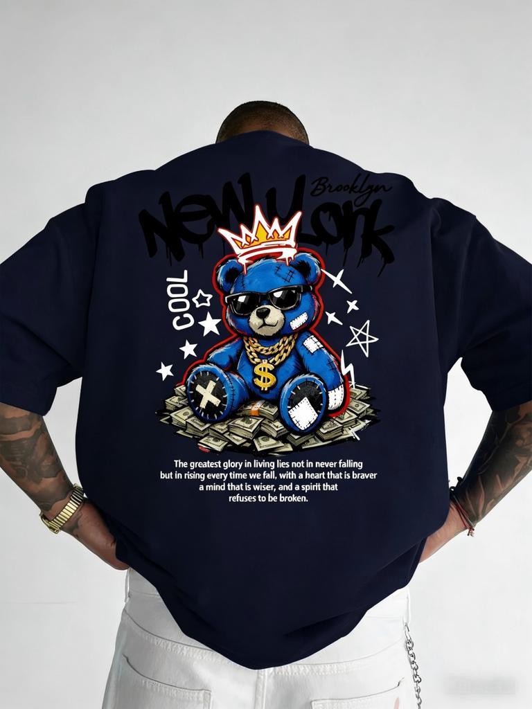 American Unisexs new summer Cool Bear Letter wealth print micro elastic breathable round neck Tshirt outdoor street style top