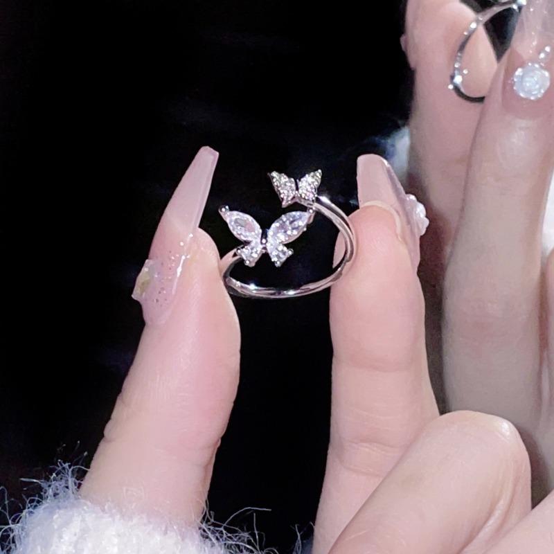 Opening Butterfly Ring Ornament Popular Light Luxury Style Double Zircon Butterfly Ring for Women with a High Level Sense