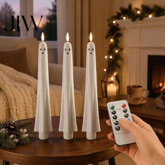 Real Wax Texture Ghost Candles Halloween Flameless Taper Candles, Battery Operated Flickering Candle Light with Party Atmosphere Lighting Remote,