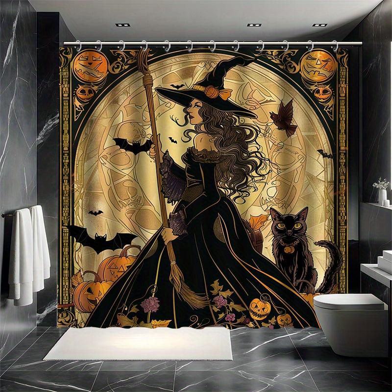 Halloween-Hexe Duschvorhang-Set - Süße Katze & Hexe, Wasserabweisendes Polyester, Maschinenwaschbar, Ganzjahres-, Moderne Dekoration