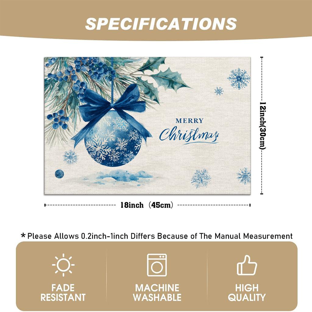 4pcs or 6pcs Christmas Linen Placemats - Elegant Blue & Winter Snowflake, Pine Branches with Holly Berries & "MERRY CHRISTMAS" Text - Hand Wash Only T
