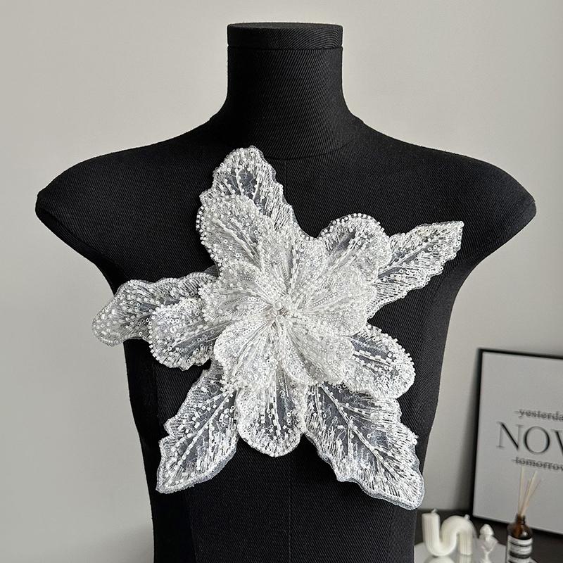 1Pc Diy Sequin Beaded Decorative Lace Patches Multi Layered Clothing Accessories White High Quality Handmade