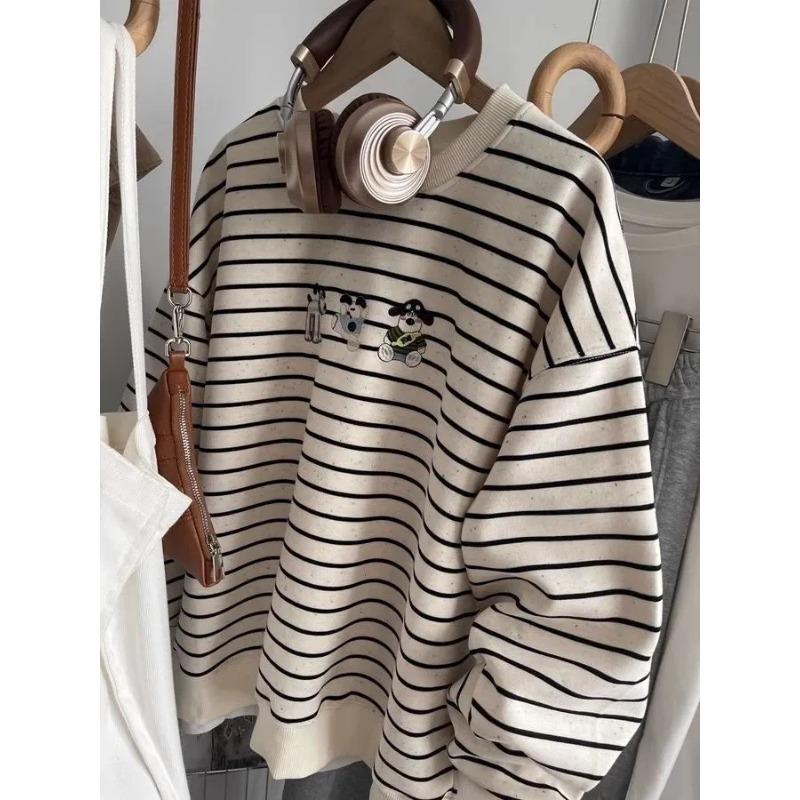 Sweatshirt for Women Oversize Stripes Thickened Loose Round Neck Casual Pullover Long Sleeve Winter Sweatshirt Top