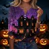 Women's Casual Halloween Print V Neck Button Front Three Quarter Sleeve T Shirt Top Lightweight Soft Fabric Comfortable Fit