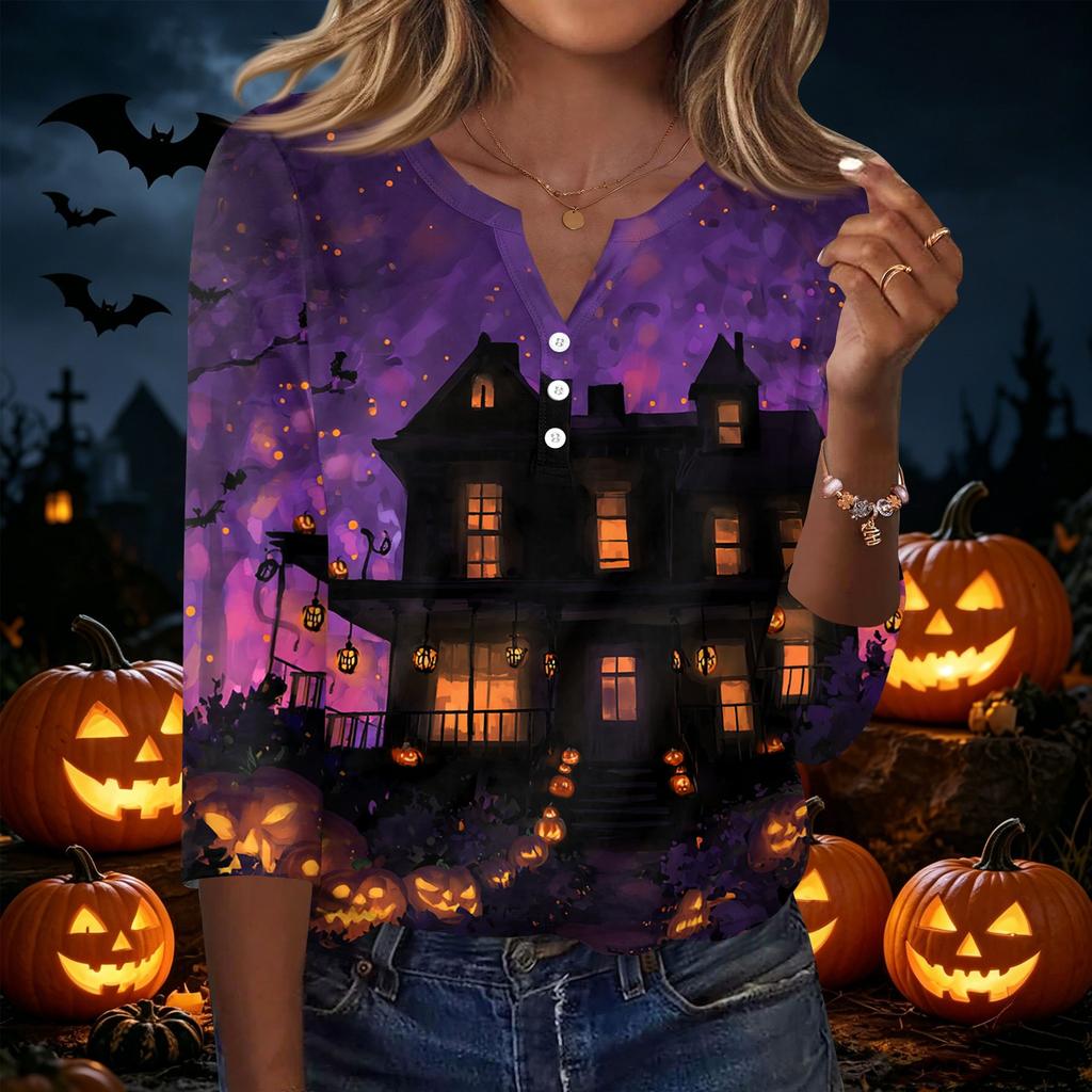 Women's Casual Halloween Print V Neck Button Front Three Quarter Sleeve T Shirt Top Lightweight Soft Fabric Comfortable Fit