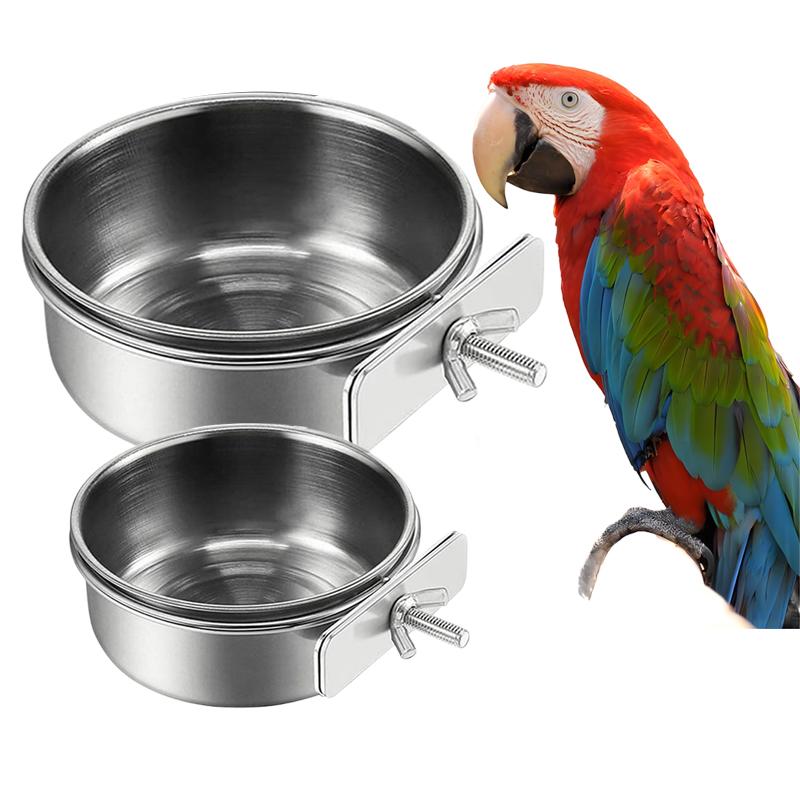 2Pcs Stainless Steel Bird Feeding Bowls, Small Bird Feeding Cup, Stainless Steel Parrot Food Bowl Cage With Holder