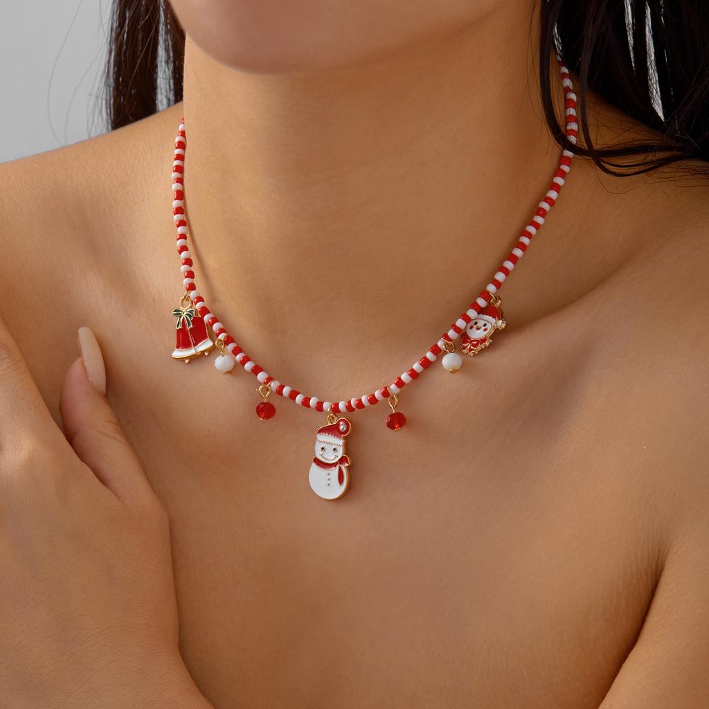Trendy Christmas Snowman Beaded Choker Clavicle Chain Necklace for Women Delicate Sweet Xmas Snowflake Festival Jewelry Gift