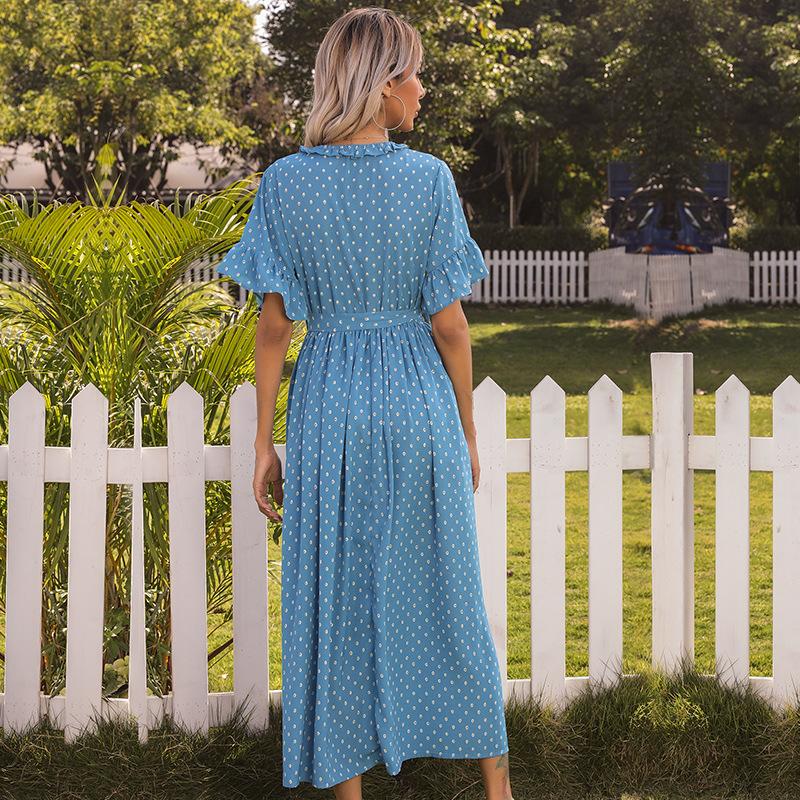 Summer Print Round Neck Ruffle Edge Short Sleeve Strap-up Black Polka Dot Dress