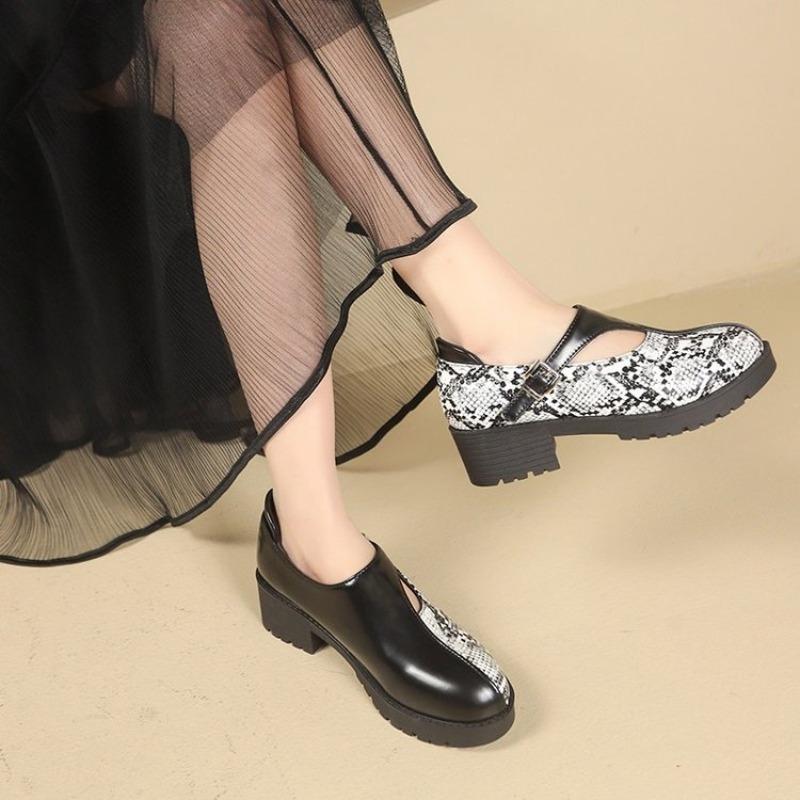 Women's Fashion Single Shoes Spring New Round Head Splicing Shallow Mouth Thick Sole Anti-slip Wear-resistant High Heels