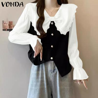 Women Autumn Lapel Tie Knot Lace Long Sleeve Contrast Color Blouses