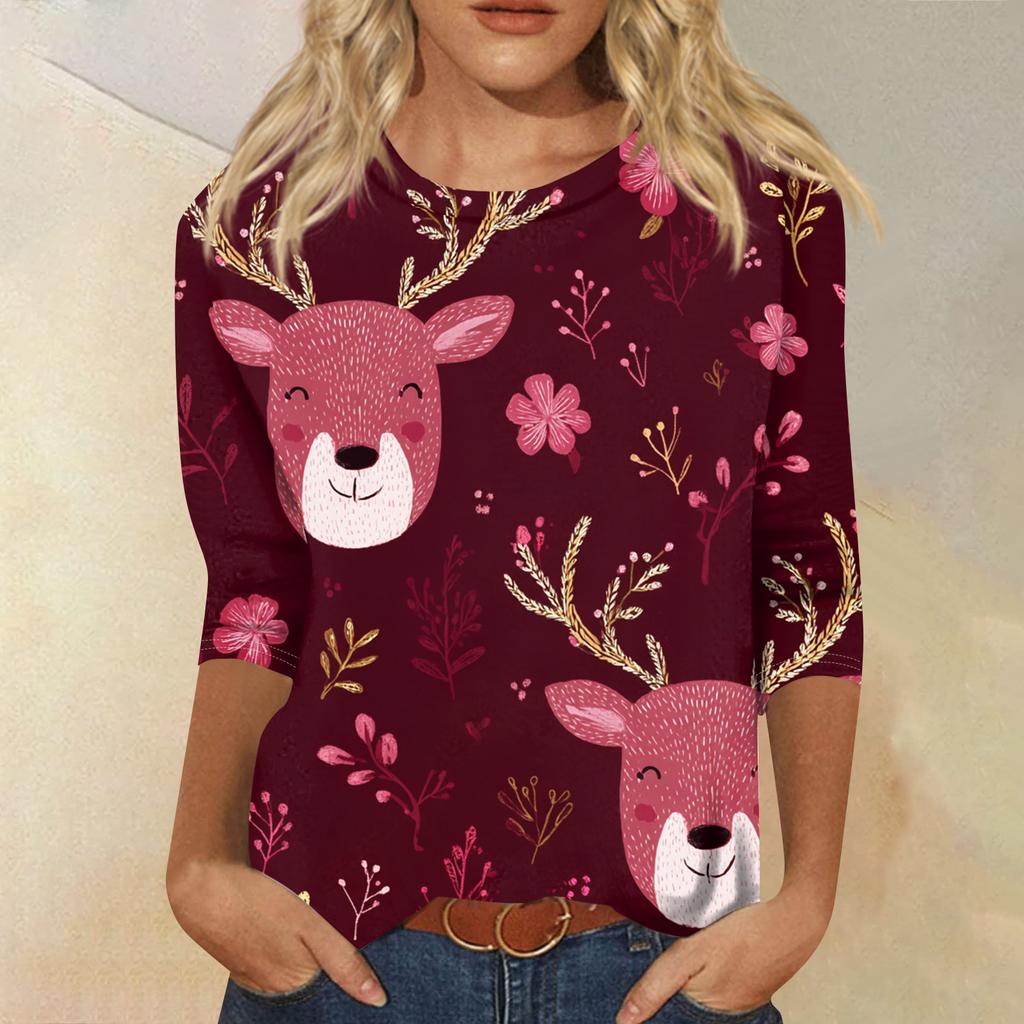 Lässiges Damen-T-Shirt mit Rundhalsausschnitt, Dreiviertelärmeln und Weihnachtsmotiv