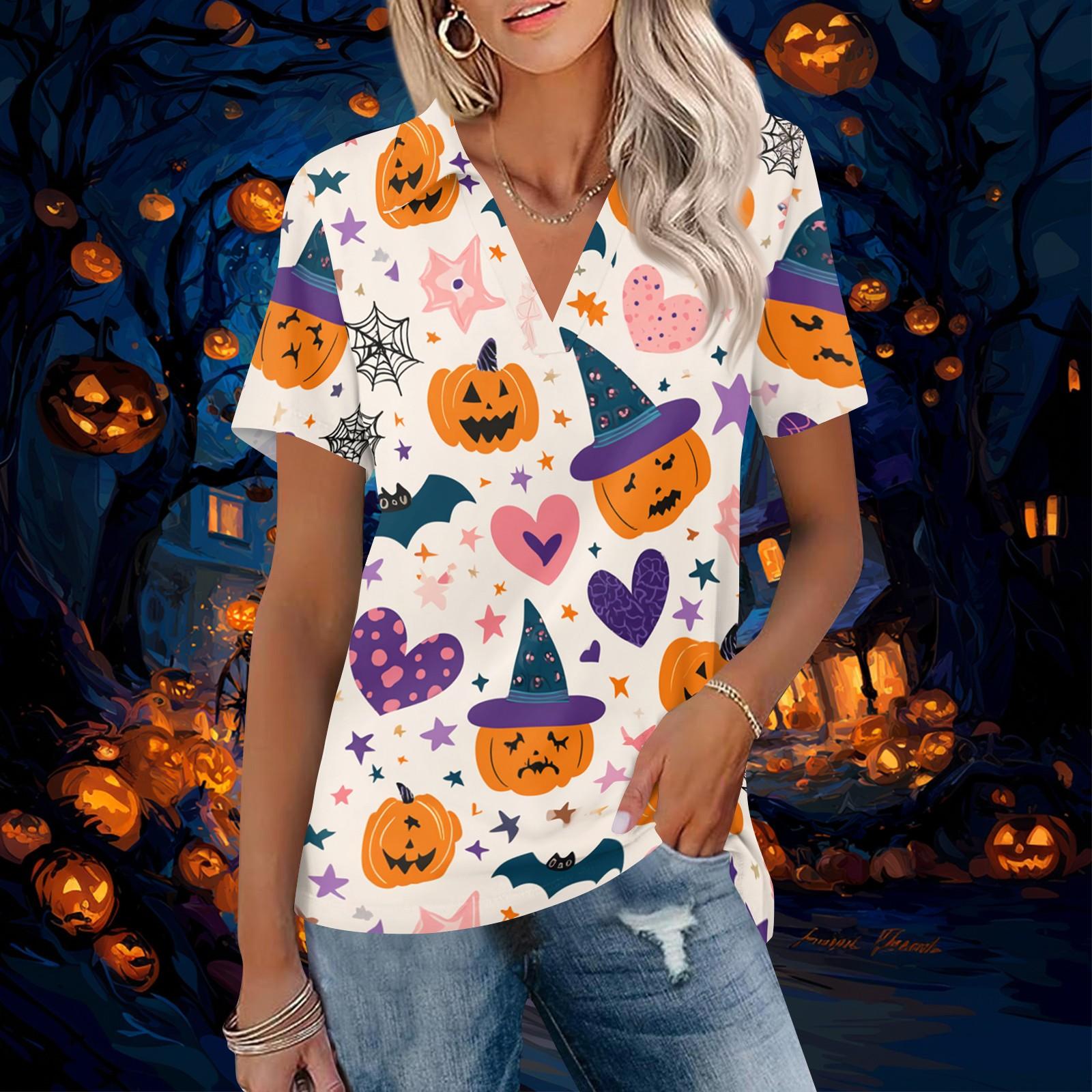 Women s V-Neck Short Sleeve Halloween Print Blouse with Collar - Casual Fashion Top S