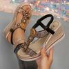Fashion Pearl Crystal Wedge Sandals for Women Bohemia Style Chunky Platform Sandals Women Summer 2025 Thick Bottom Beach Shoes Women