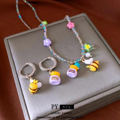 Cartoon Bee Jewelry Set: Cute Childlike Earrings & Necklace with Oil Drip Charm for Women