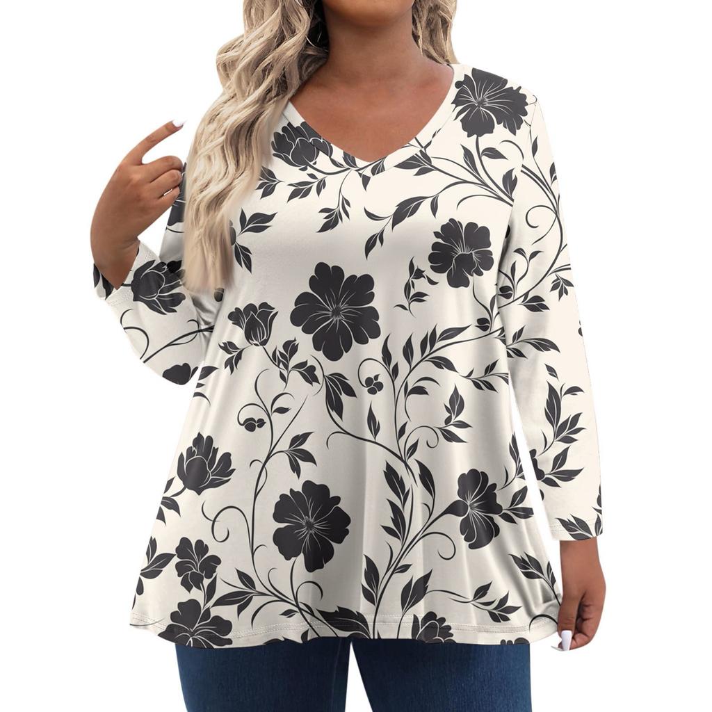 Women's Fashionable Casual Long Sleeved Plus Size Floral Print Top Plus Size Floral Print Top