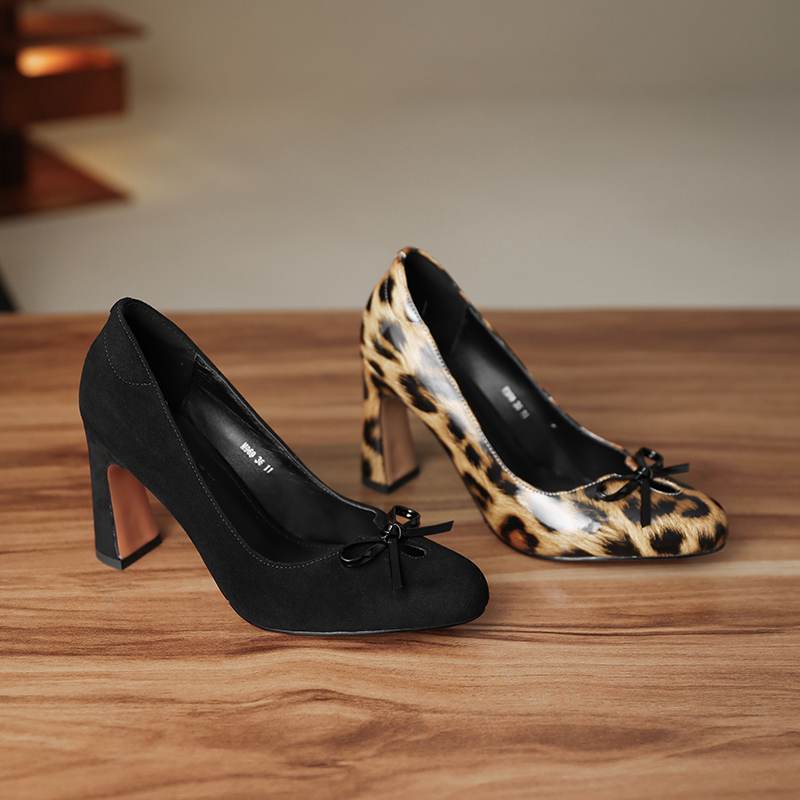 Krazing Pot Suede Microfiber Round Toe Size 41 Chunky High Heels Slip on Leopard Sexy Casual Autumn Pumps
