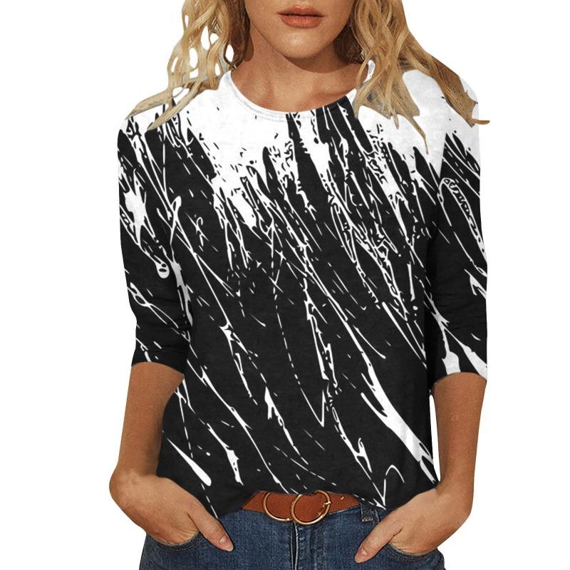 Women Round Neck Abstract Brush Print 3/4 Sleeve Casual T Shirt S