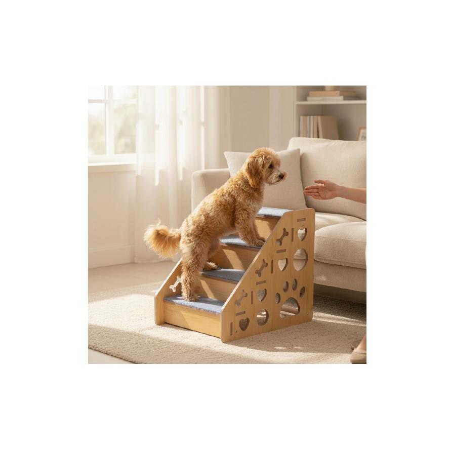 Wooden Pet Staircase Carpeted 4-Step Pet Stairs Dog Steps with Carpet Indoor Furniture Wide for Small Dogs, Bedside, Sofa