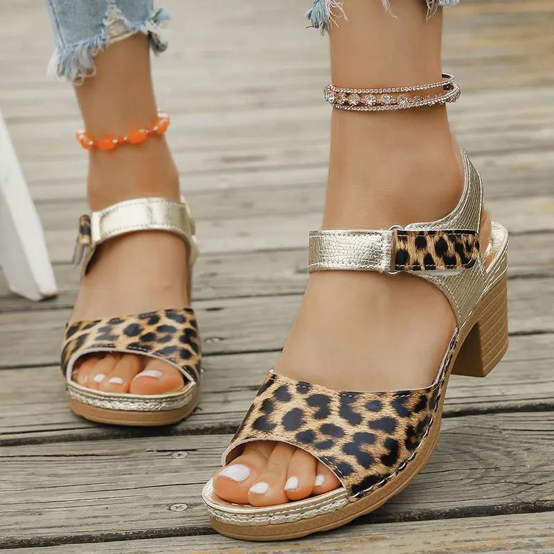 Fashion Fashion Leopard High Heel Sandals  Women Plus Size Square Heels Chunky Platform Party Sandals Summer Thick Sole Non Slip Sandls
