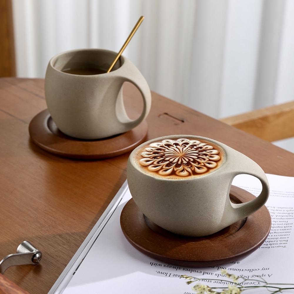 Mit Holzuntertasse Grobkeramik Moderne Kunst Kaffeetasse Abgerundeter Griff Keramik-Teetasse Nachmittagstee