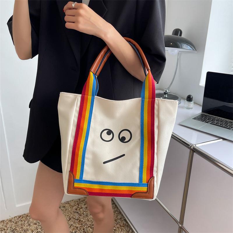 Large Capacity Canvas Tote Bag Cute Smiley Face Print Fresh And Sweet Style