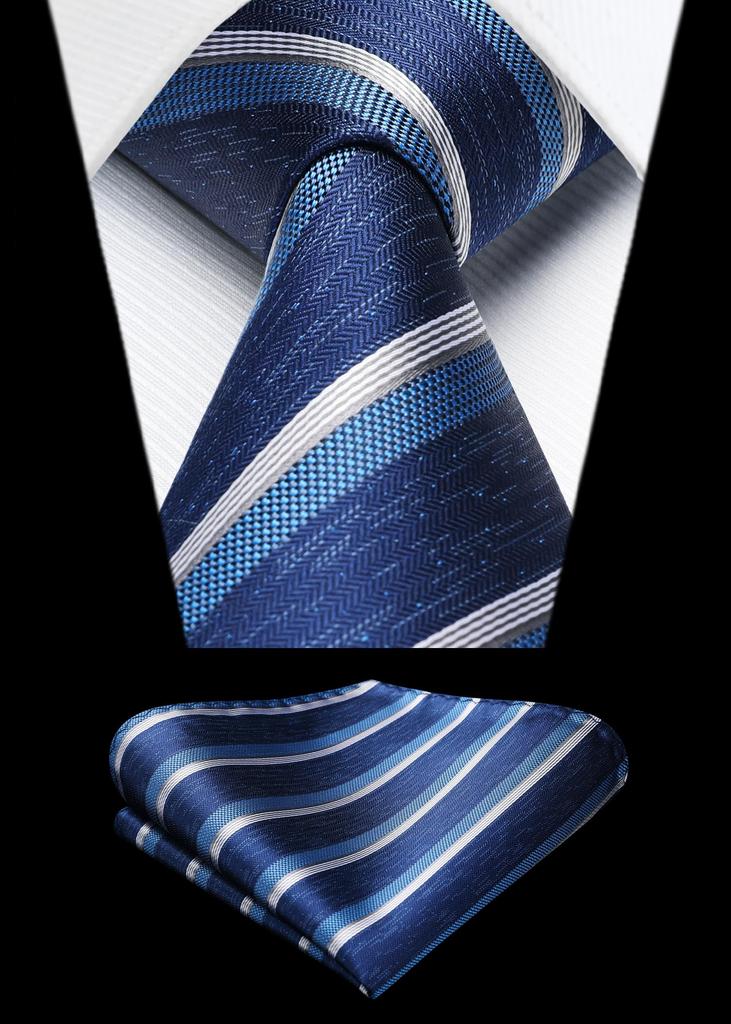 [HISDERN] Blue Men's Formal Business Tie and Pocket Square Set, Striped Pattern, Perfect for Weddings, Job Interviews, Entrance Ceremonies,