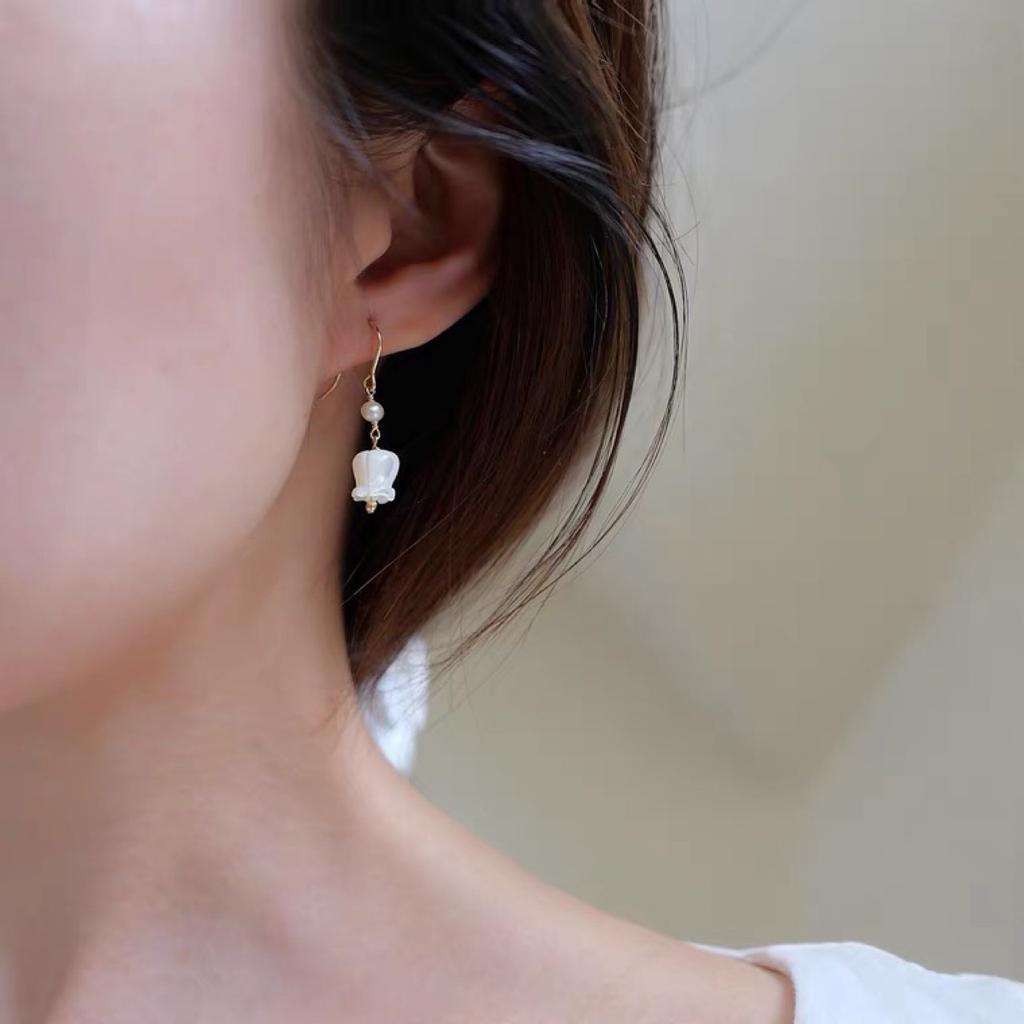 Lily of the Valley" Natural Shell Engraved Freshwater Pearl Earrings 14k Gold, Daily Wear Literary and Fresh Earrings