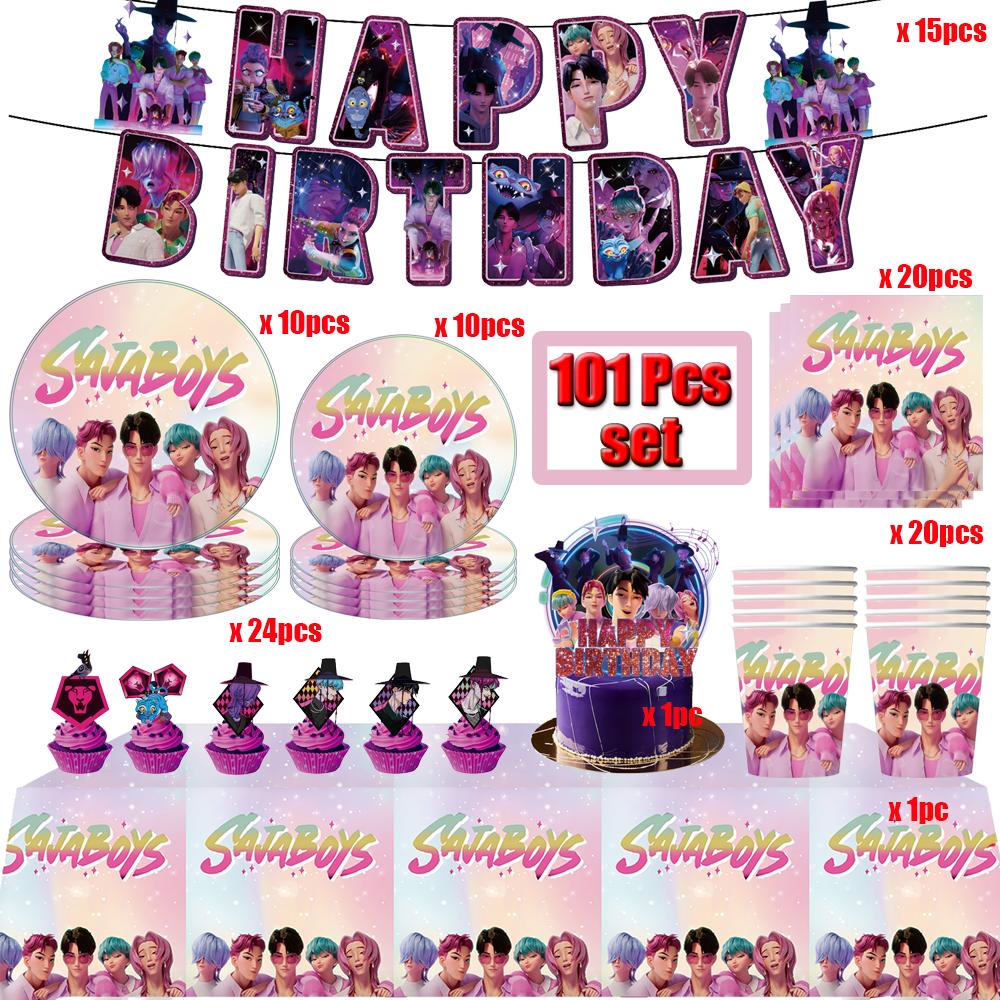 Kpop Demon Hunters Birthday Party Decor Korean  Anime Set Tableware Tablecloth Cup Balloon Cake Topper Baby Girl Favor Supplies