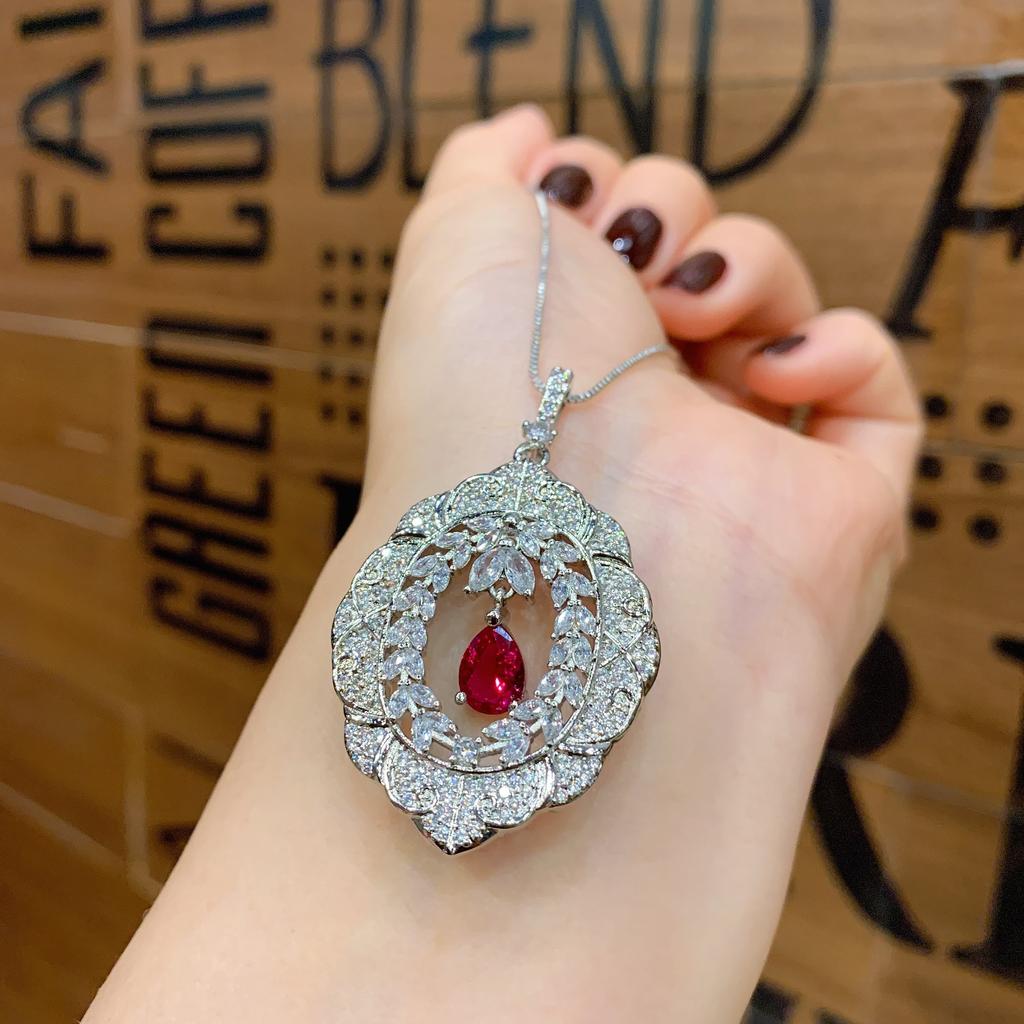 Jewelry Ring Female Simulation Red Corundum Shining Full Diamond Pendant Ring Set