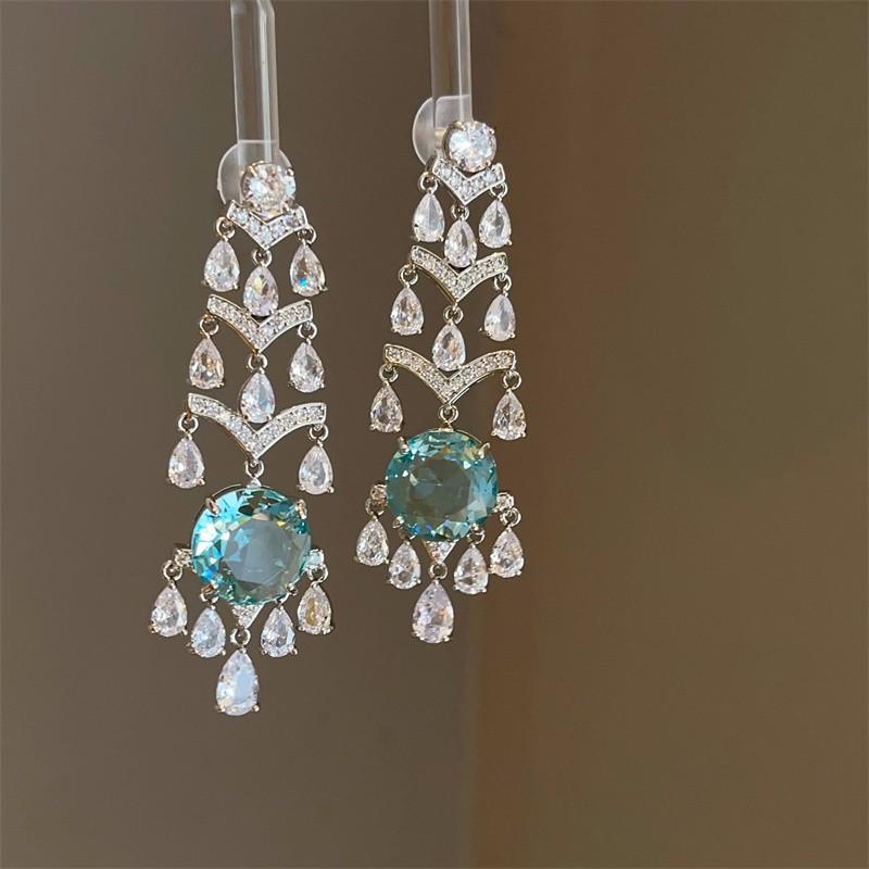 Blue Zircon Water Drop Tassel Earrings Women Luxury Elegant Micro Inlaid Ear Dangles