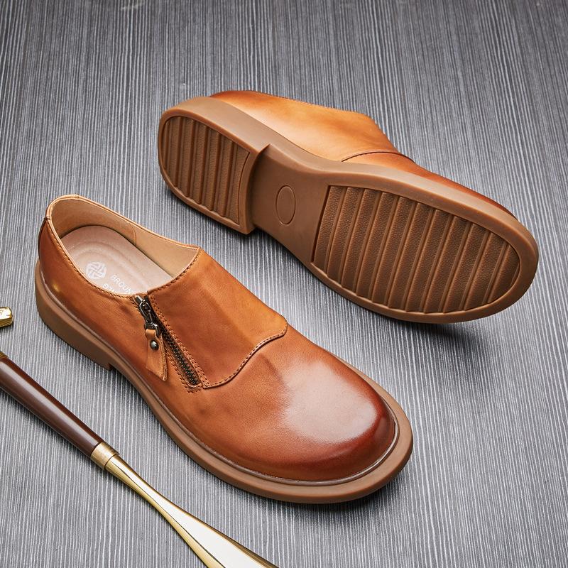 Britský trend Retro Ležérní Zip Pánské Boty Business Big Head Kožené Boty Pánské Nízké Měkký povrch Silná podrážka kůže Jeden pedál