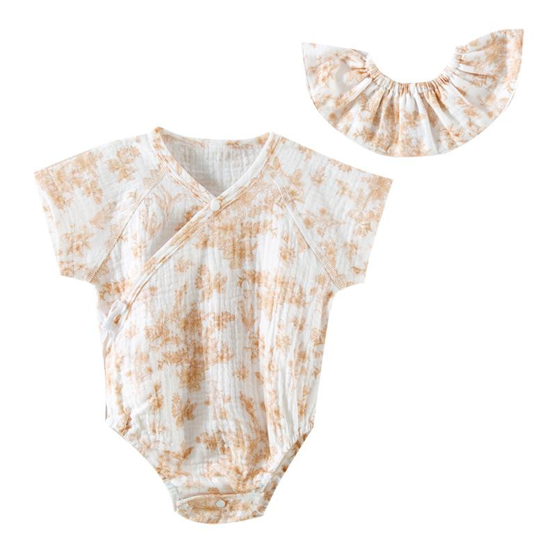 Baby Cotton One-piece Short-sleeved Cotton Yarn Triangular Fart-wrapped Romper Spring and Summer Thin Children's Fart-wrapped with Bib Clothes