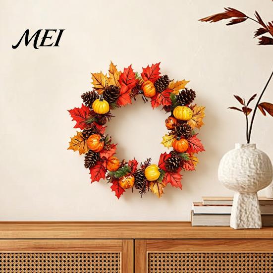 Autumn Wall Decals for Home Decor Thanksgiving Day Sticker, Pumpkin/Pinecone/Leaf Print Garland Shape Decorations Waterproof PVC Decal, Harvest