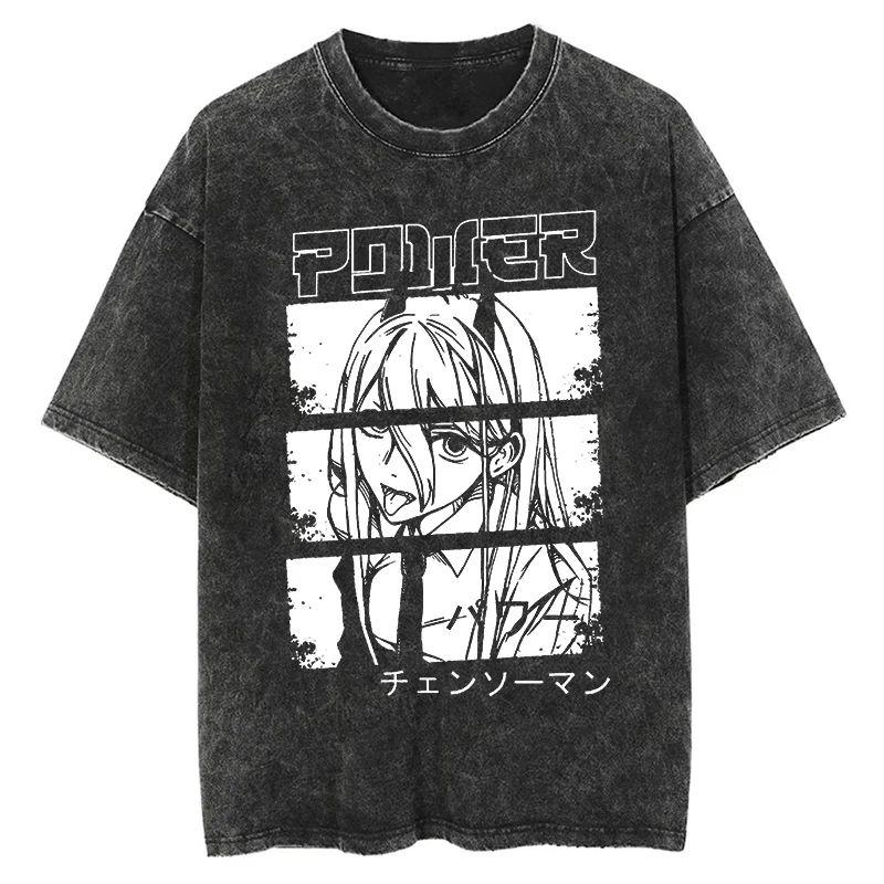 Nouveau T-shirt de haute qualité Chainsaw Man Anime pour hommes et femmes en coton avec impression lavée vintage Streetwear Rétro Hauts de Sport Fitness