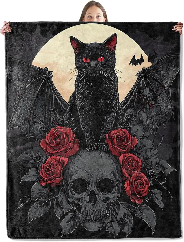 Gothic Black Cat Throw Blanket Soft Plush Flannel for Couch Bedroom Outdoor Travel Perfect Gifts for Her Him Pet Lovers