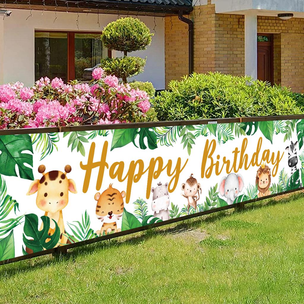 200*40cm Jungle Animal Theme Safari Happy Birthday Party Decoration Baby Shower Banner Background Kids Favor Monkey Giraffe