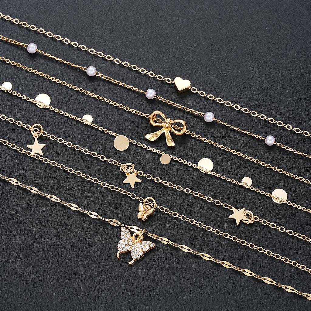 7Pcs Gold Color Multilayer Pearl Butterfly Necklace For Women Trendy Star Love Heart Bowknot Zircon Pendant Necklace Jewelry Set