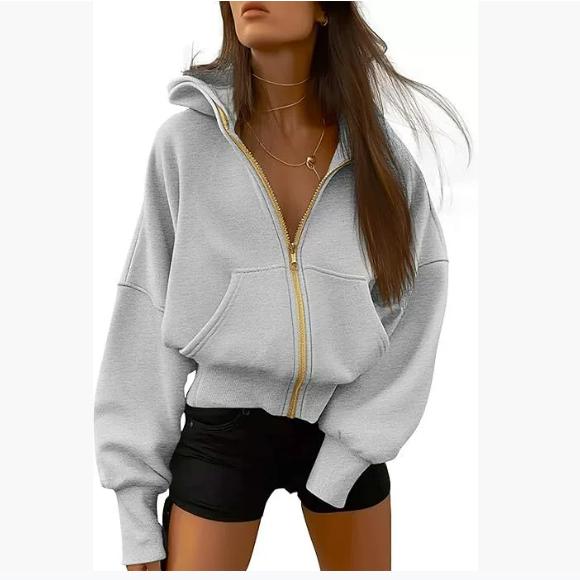 Women's Zipper Hooded Long-sleeved Short Sweatshirt Wool Hooded Jacket Fashion Autumn and Winter Clothes
