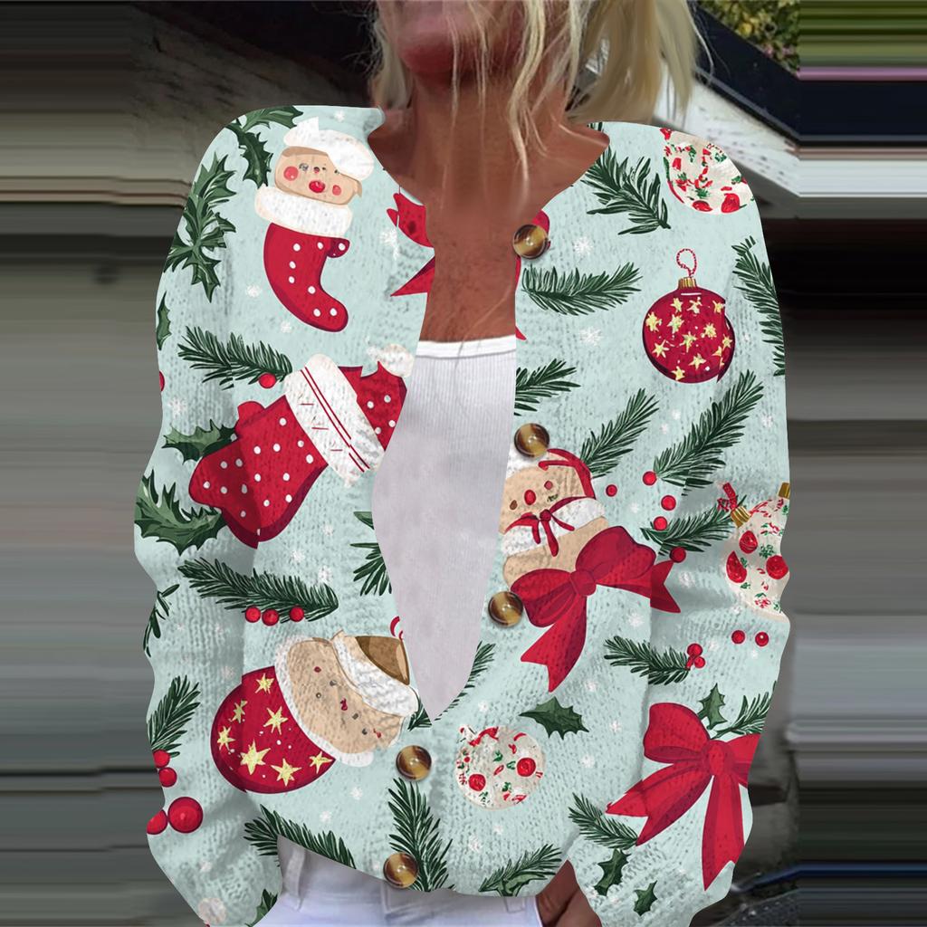Women's Fashion Printed Long Sleeve Knitted Cardigan Button Down Jacket