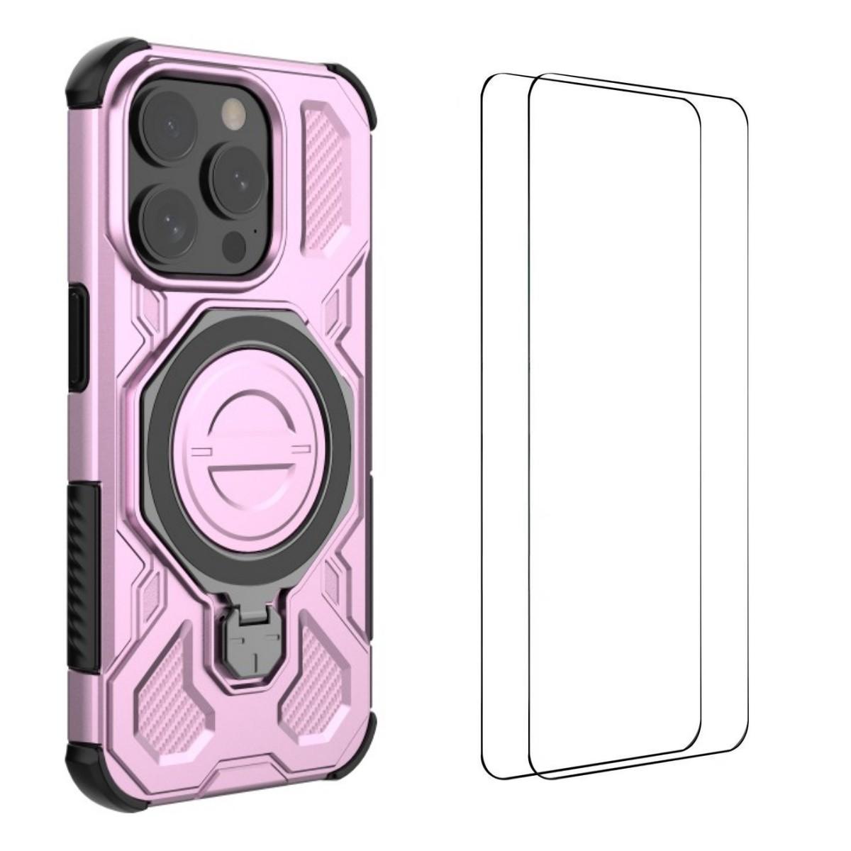 

For iPhone 15 Pro Case Kickstand with 2Pcs Screen Film WANLONFENG KJ Series PC TPU Phone Cover (Big Lens Hole) Purple