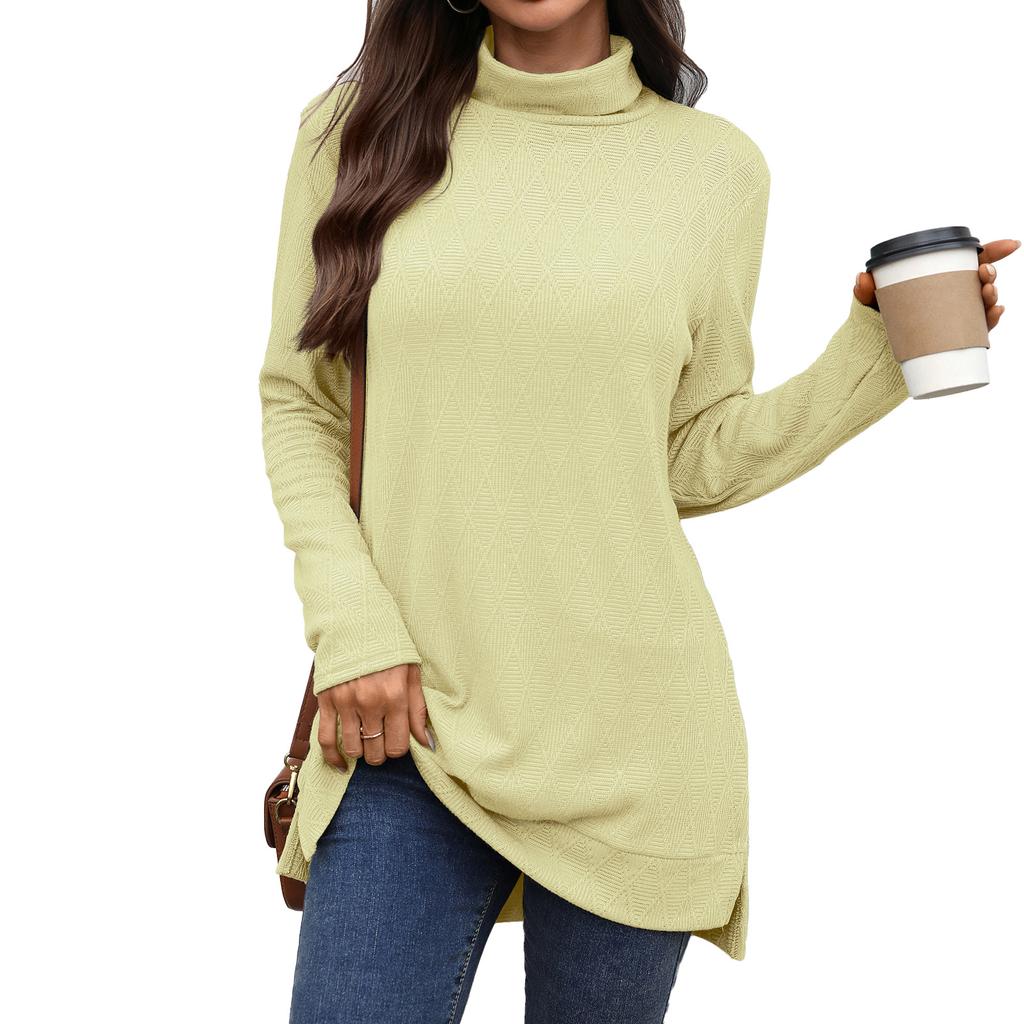 New Solid-color High-neck Loose Long-sleeved Slit T-shirt Top for Women In Autumn and Winter